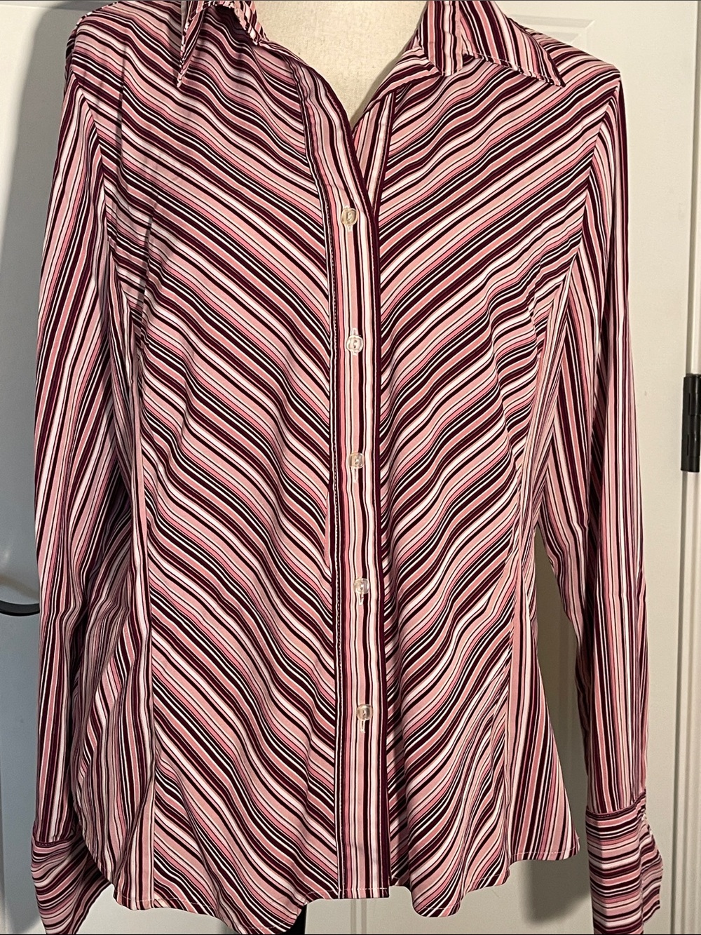 Jessica Pink and Black Striped Button-Up Blouse